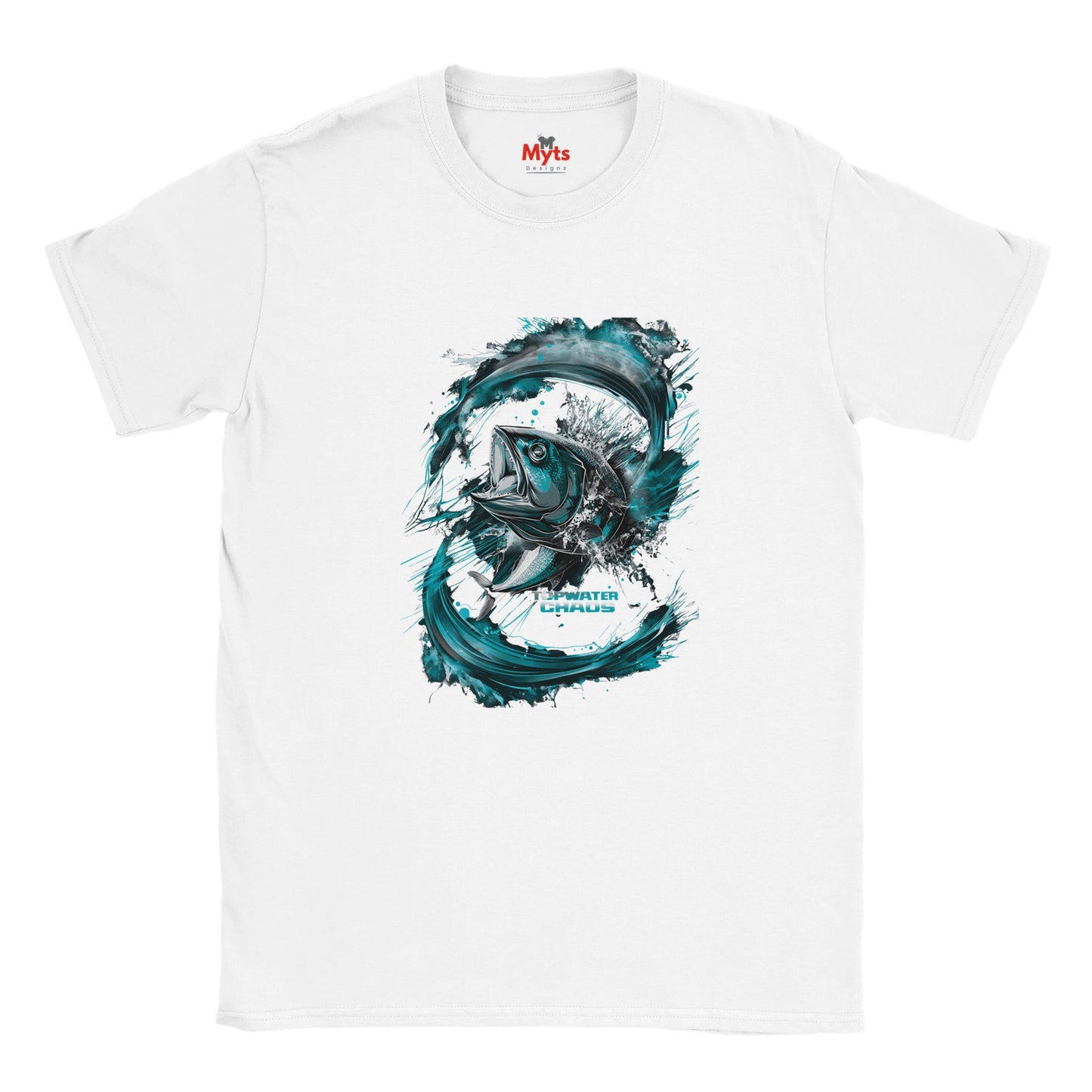 White t-shirt with a shark graphic design on a white background