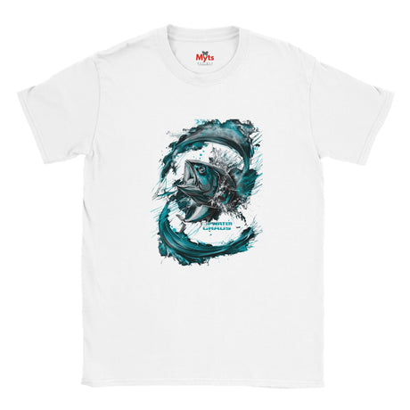 White t-shirt with a shark graphic design on a white background