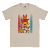 A fLat lay sand T-shirt featuring a playful graphic of four stacked colorful dogs in yellow, red, and blue tones with the word “Woof?” in bold, cartoonish text below.


