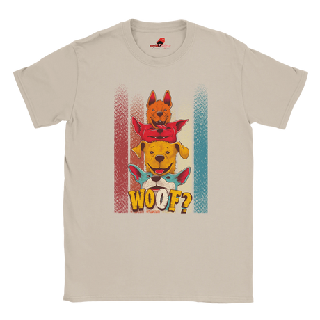A fLat lay sand T-shirt featuring a playful graphic of four stacked colorful dogs in yellow, red, and blue tones with the word “Woof?” in bold, cartoonish text below.


