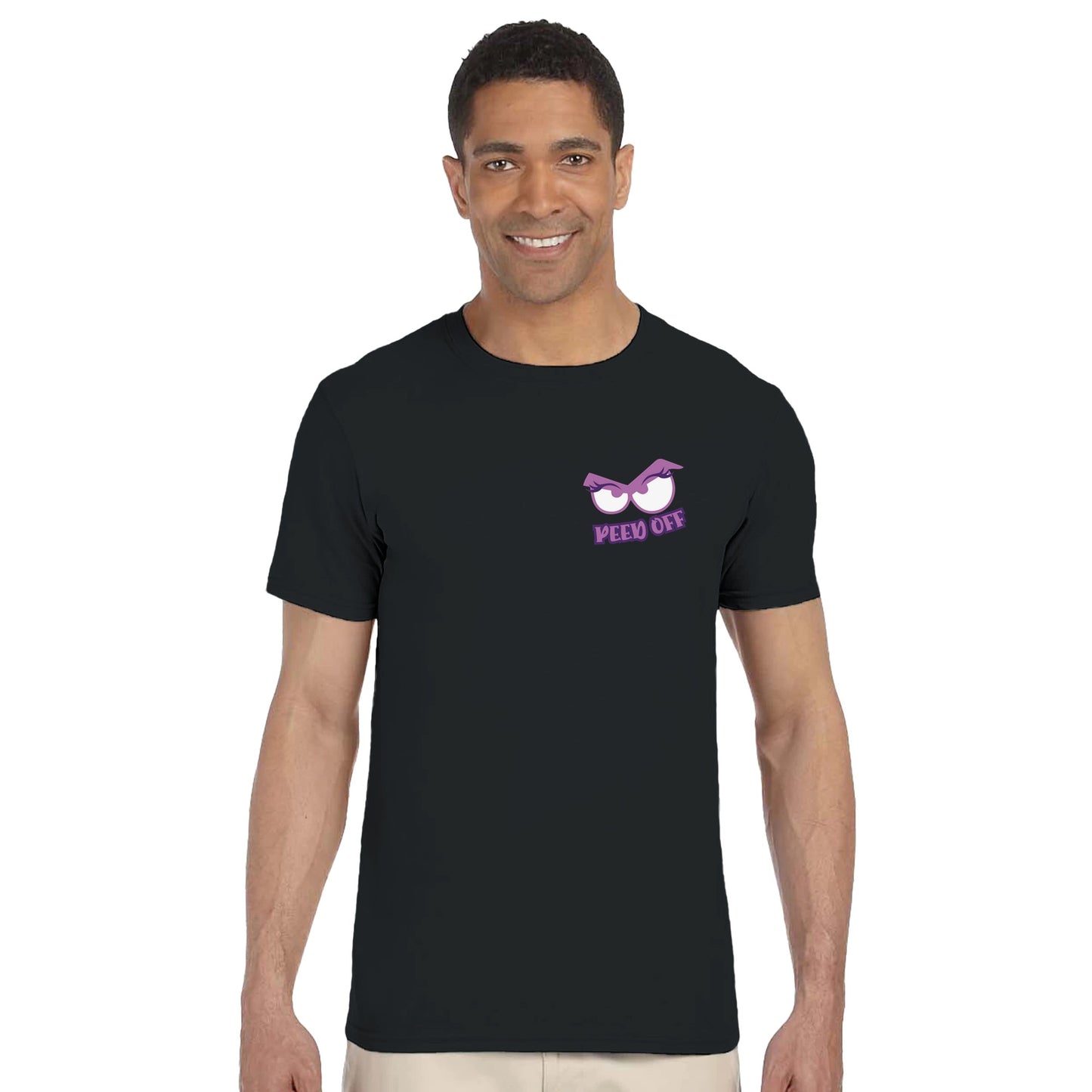 Man wearing a black t-shirt with a purple logo on a white background