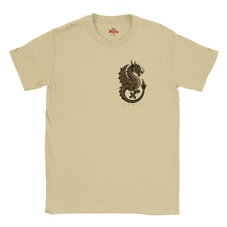 A sand crewneck t-shirt featuring a dark brown dragon graphic printed on the left chest, displayed against a solid white background.