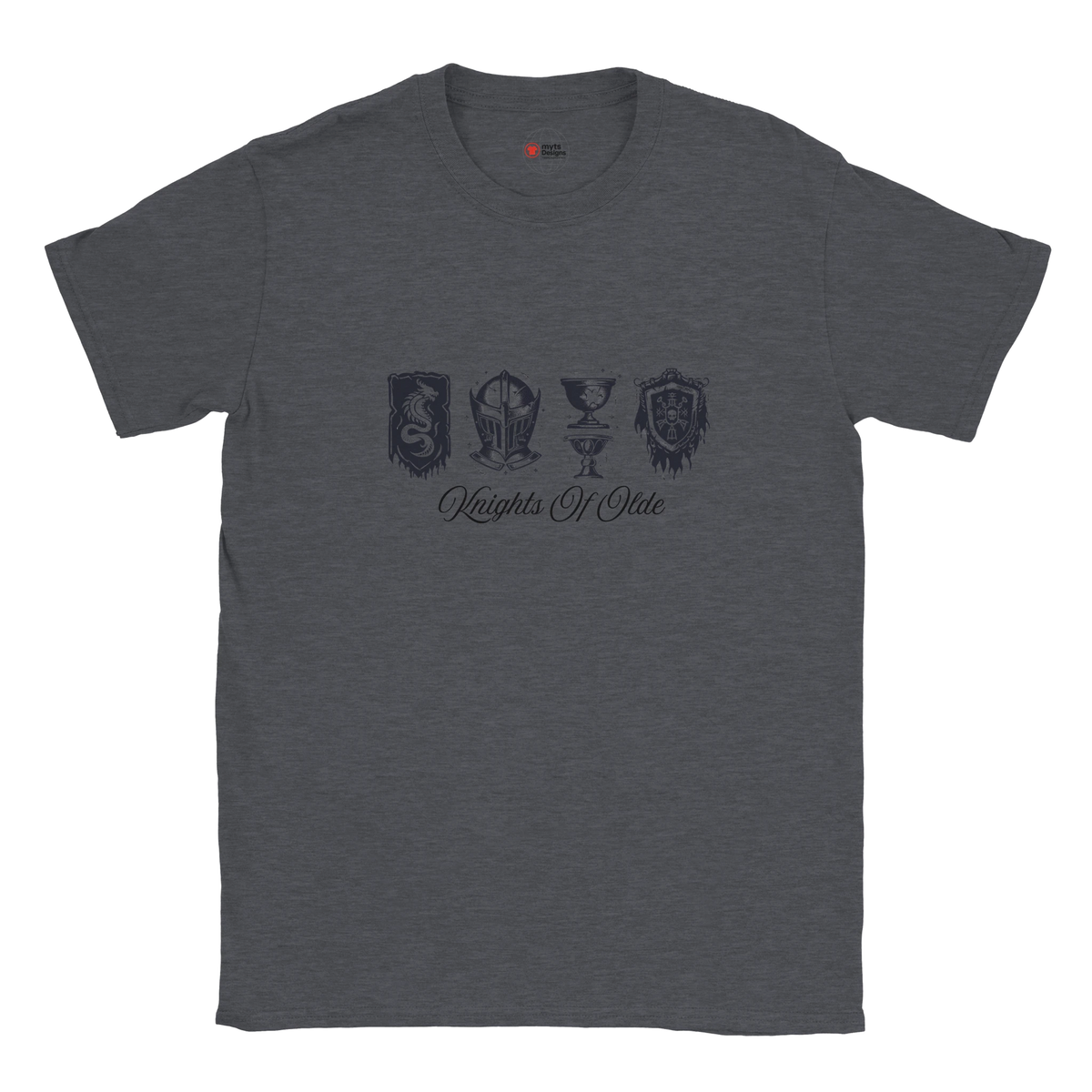 Dark gray t-shirt with black graphics and text on a white background