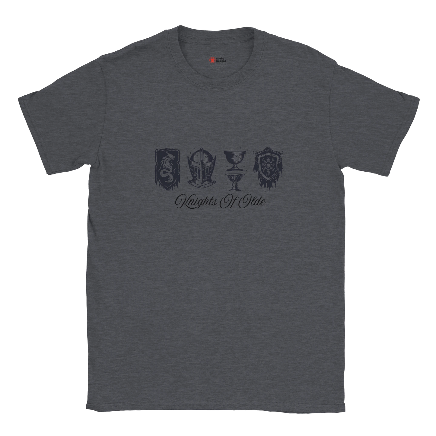 Dark gray t-shirt with black graphics and text on a white background