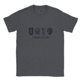 Dark gray t-shirt with black graphics and text on a white background
