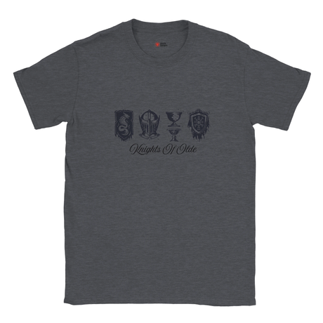 Dark gray t-shirt with black graphics and text on a white background