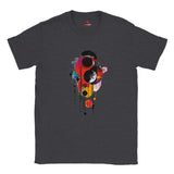 Moon Haze geometric space t-shirt with vivid abstract cosmic design in blue purple and pink colors