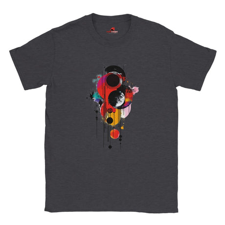 Moon Haze geometric space t-shirt with vivid abstract cosmic design in blue purple and pink colors