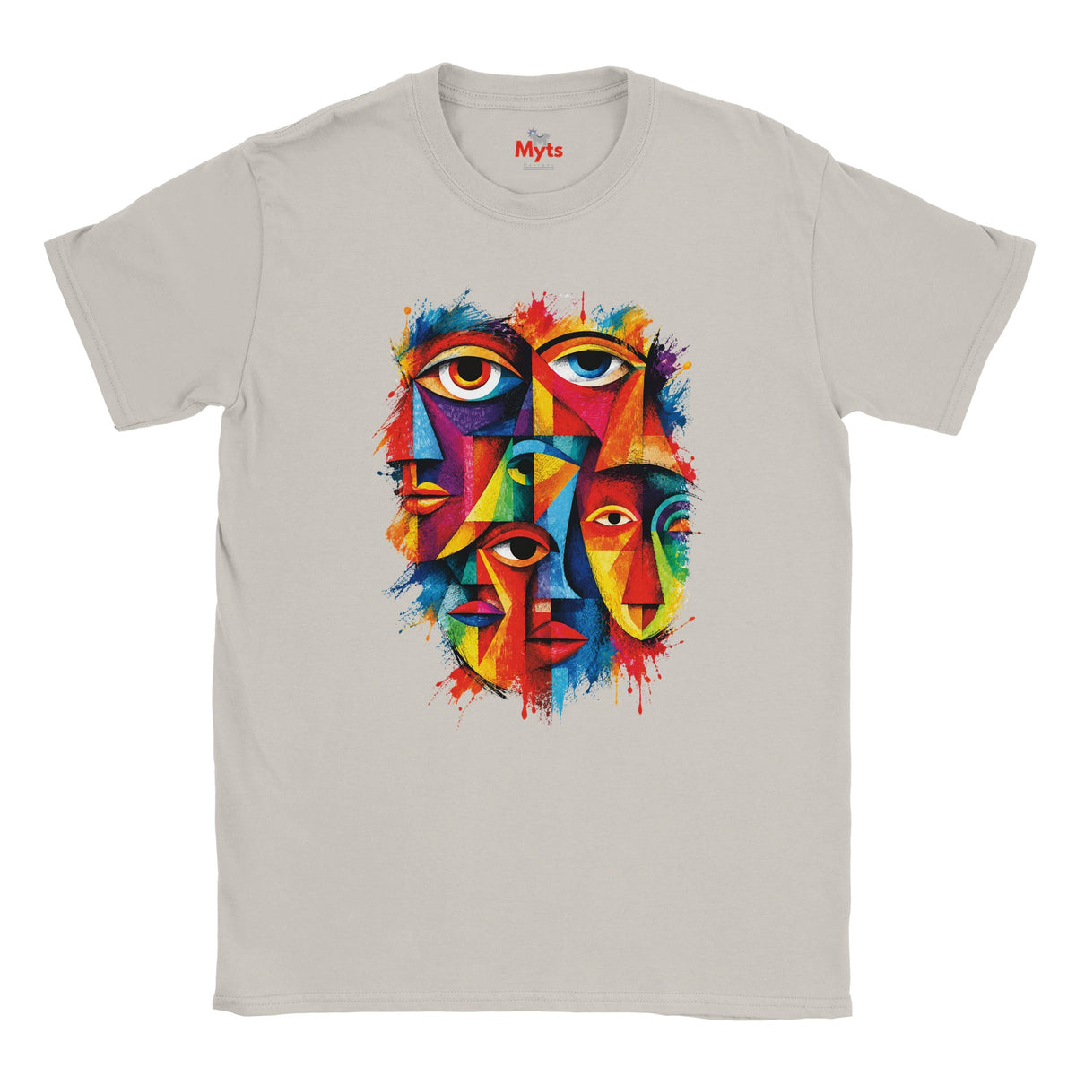 A Ice Grey short-sleeve crewneck t-shirt featuring a colorful graphic print of three stylized faces with eyes, rendered in a vibrant, multi-colored abstract paint splatter style. The brand name 'MYLIS' is visible on the inner neck label.
