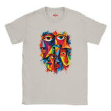 A Ice Grey short-sleeve crewneck t-shirt featuring a colorful graphic print of three stylized faces with eyes, rendered in a vibrant, multi-colored abstract paint splatter style. The brand name 'MYLIS' is visible on the inner neck label.