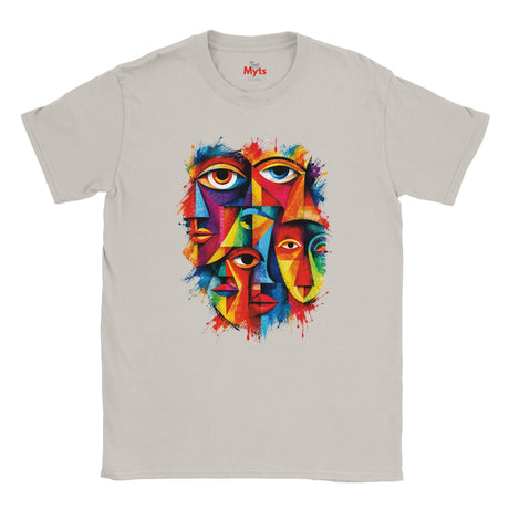 A Ice Grey short-sleeve crewneck t-shirt featuring a colorful graphic print of three stylized faces with eyes, rendered in a vibrant, multi-colored abstract paint splatter style. The brand name 'MYLIS' is visible on the inner neck label.