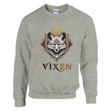 Gray sweatshirt with a fox design and 'Vixen' text on a white background