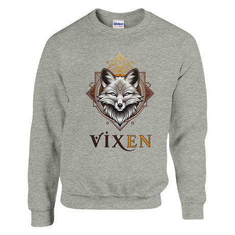 Gray sweatshirt with a fox design and 'Vixen' text on a white background