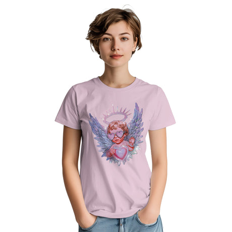 Person wearing a light pink t-shirt with an angel graphic design on a white background