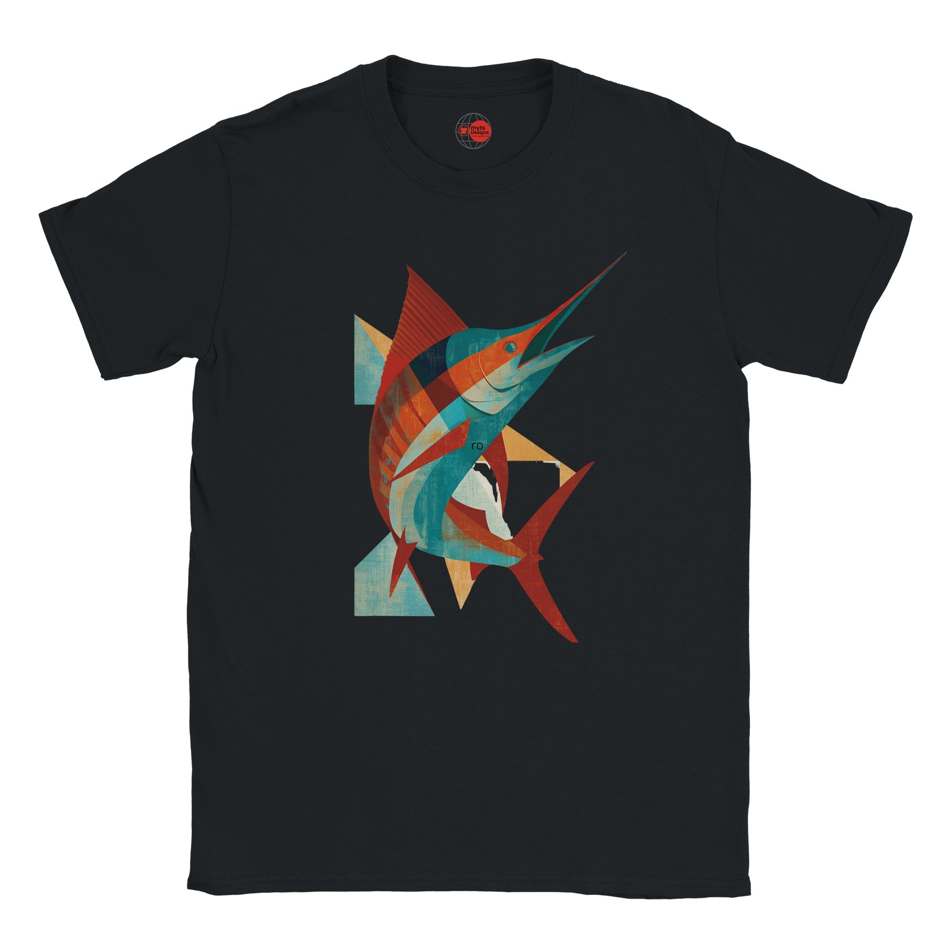 Black t-shirt with a colorful fish graphic on a white background