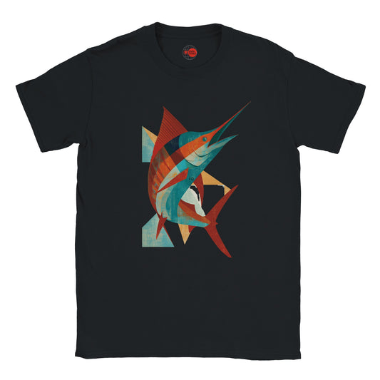 Black t-shirt with a colorful fish graphic on a white background