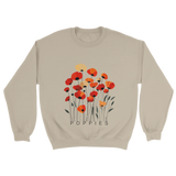 A Neutral sweatshirt featuring a minimalist poppy flower design. The graphic displays red, orange, and muted gold poppies with slender stems and leaves, and the word “POPPiES” printed beneath. The cozy, casual outfit has a soft, modern aesthetic ideal for floral and nature-inspired fashion.