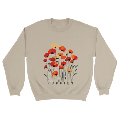 A Neutral sweatshirt featuring a minimalist poppy flower design. The graphic displays red, orange, and muted gold poppies with slender stems and leaves, and the word “POPPiES” printed beneath. The cozy, casual outfit has a soft, modern aesthetic ideal for floral and nature-inspired fashion.