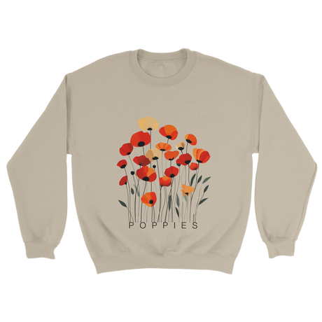 A Neutral sweatshirt featuring a minimalist poppy flower design. The graphic displays red, orange, and muted gold poppies with slender stems and leaves, and the word “POPPiES” printed beneath. The cozy, casual outfit has a soft, modern aesthetic ideal for floral and nature-inspired fashion.
