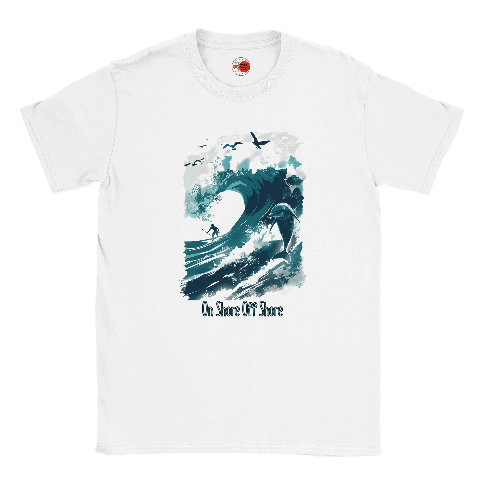 White t-shirt with a graphic of a wave and birds, and 'On Shore Off Shore' text on a white background.