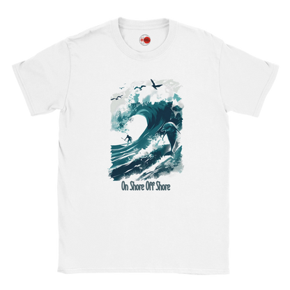 White t-shirt with a graphic of a wave and birds, and 'On Shore Off Shore' text on a white background.