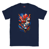 Navy T-shirt featuring a colourful abstract floral face portrait with layered blue, red, coral and yellow geometric shapes, flowers and botanical leaves.