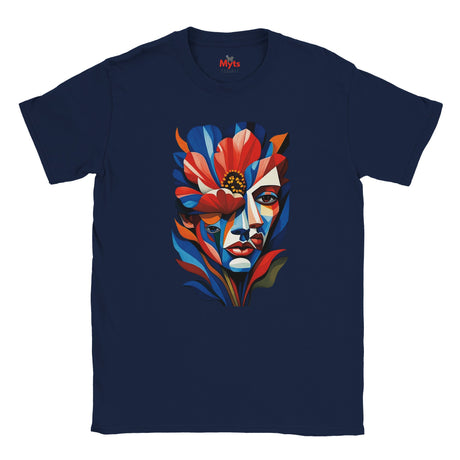 Navy T-shirt featuring a colourful abstract floral face portrait with layered blue, red, coral and yellow geometric shapes, flowers and botanical leaves.