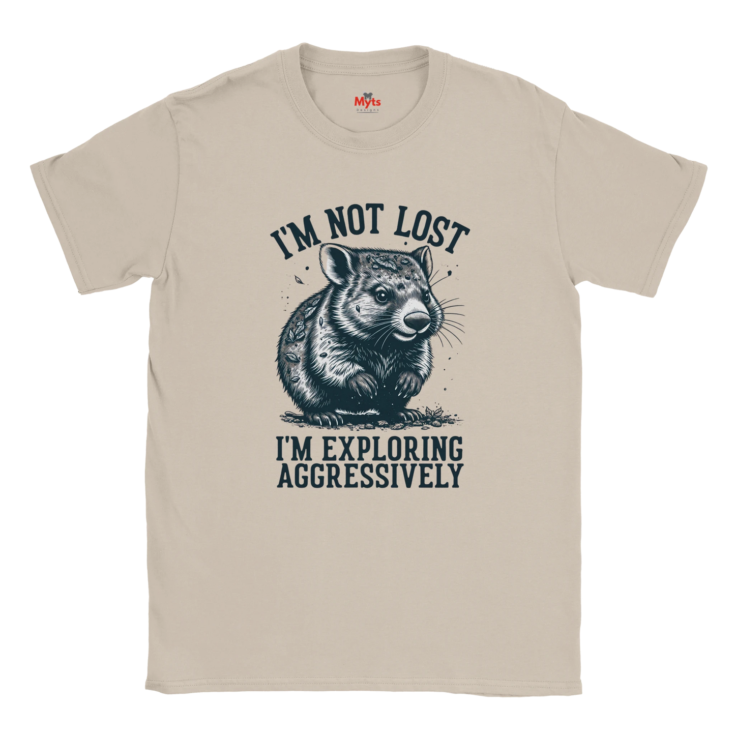 Sand t-shirt with a graphic of a Wombat and text on a white background