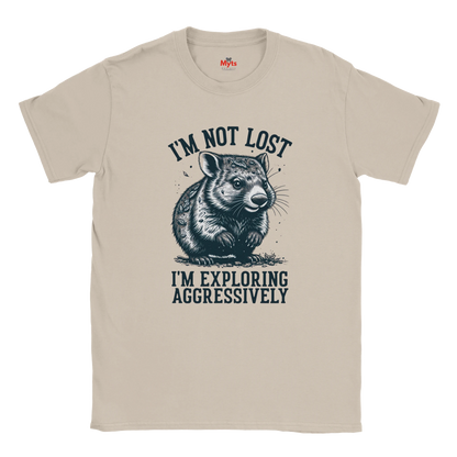 Sand t-shirt with a graphic of a Wombat and text on a white background