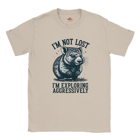 Sand t-shirt with a graphic of a Wombat and text on a white background