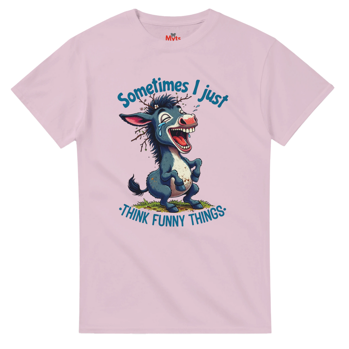 Pink t-shirt with cartoon donkey and humorous text on a white background