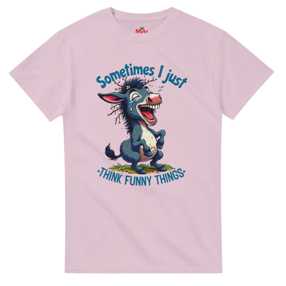 Pink t-shirt with cartoon donkey and humorous text on a white background