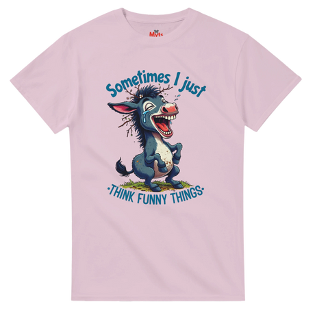 Pink t-shirt with cartoon donkey and humorous text on a white background