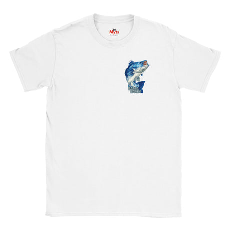 White t-shirt with a blue shark graphic on a white background