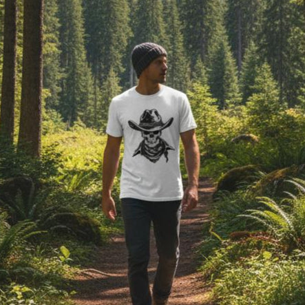Person walking on a forest path wearing a white t-shirt with a graphic design.