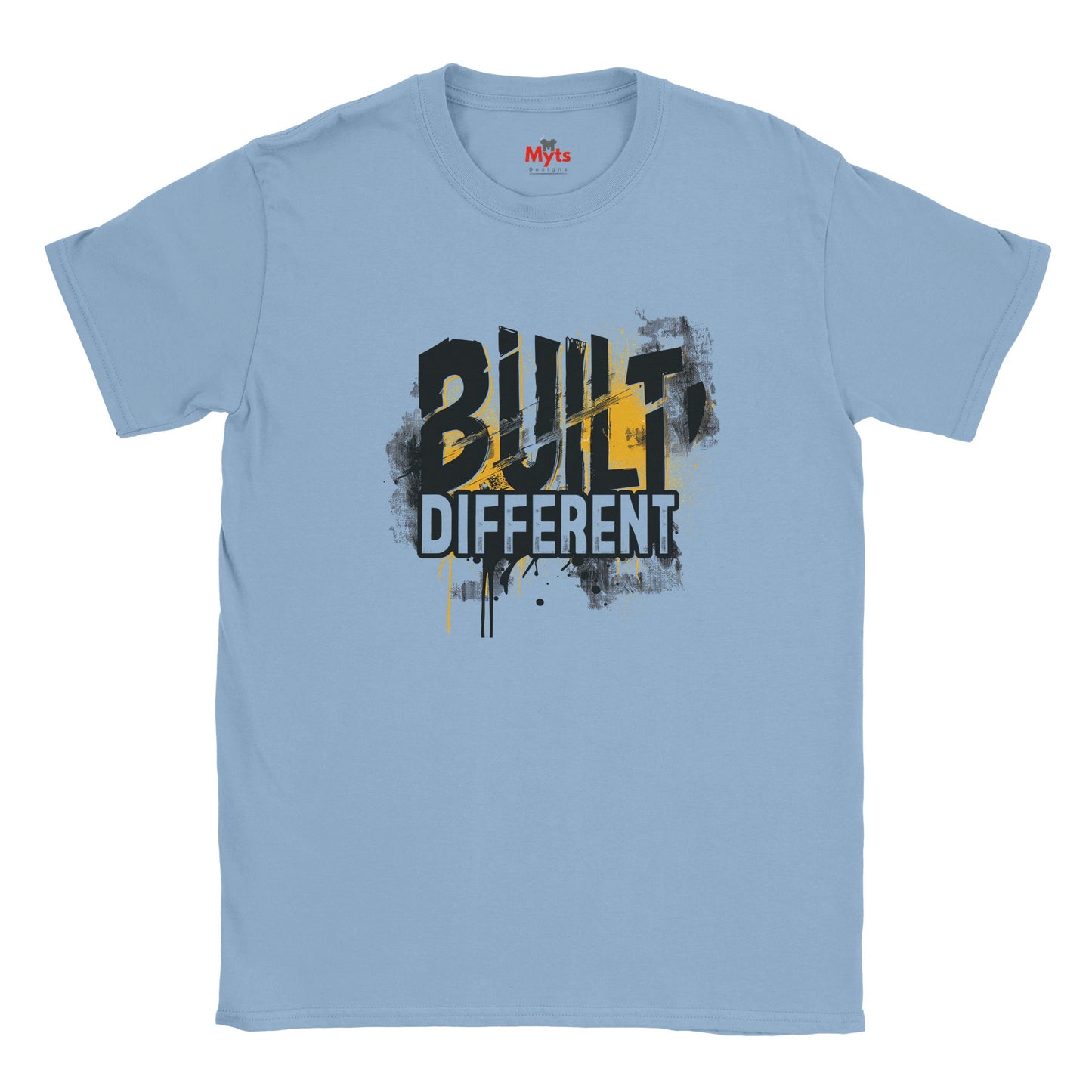 Light blue t-shirt with 'Built Different' graphic design on a white background
