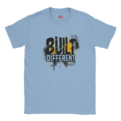Light blue t-shirt with 'Built Different' graphic design on a white background
