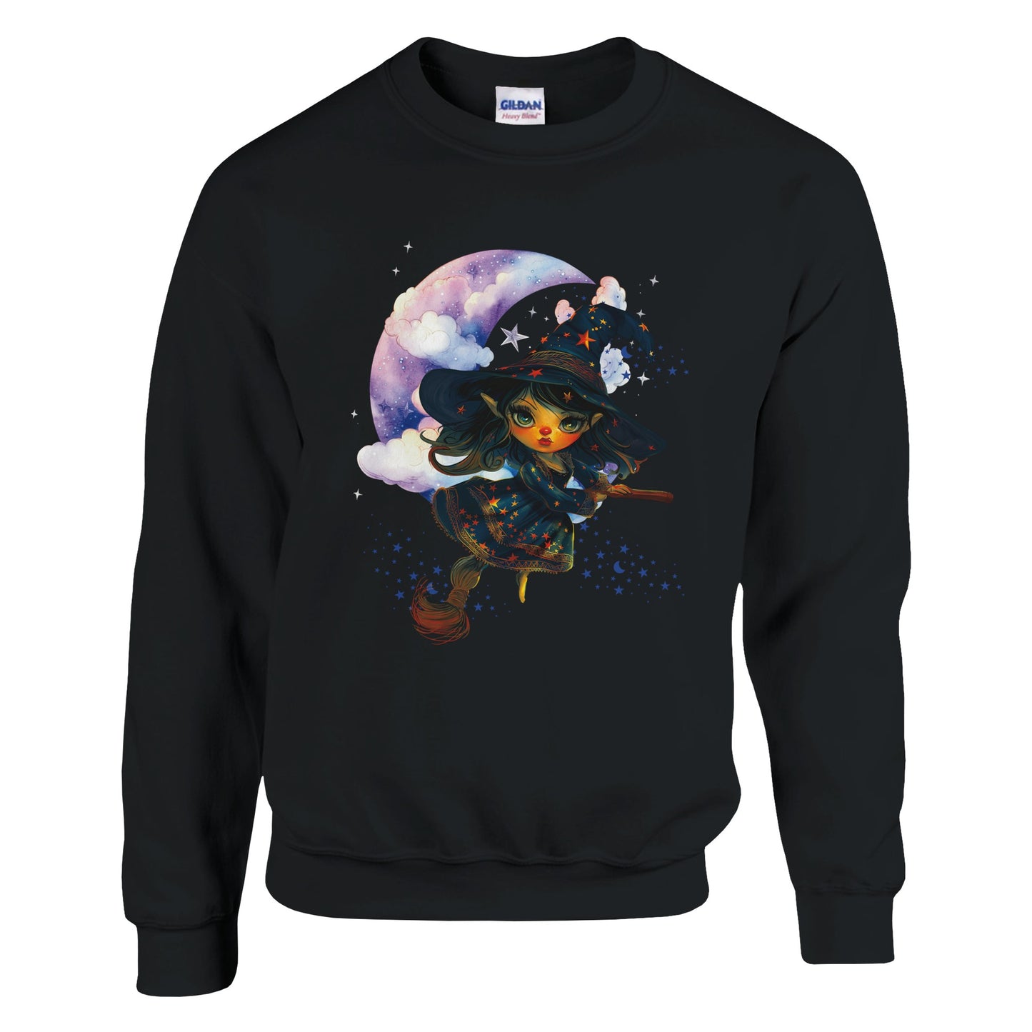 Black sweatshirt with a colorful graphic of a witch on a moon and stars design.