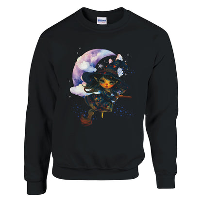 Black sweatshirt with a colorful graphic of a witch on a moon and stars design.
