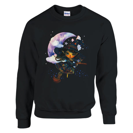 Black sweatshirt with a colorful graphic of a witch on a moon and stars design.