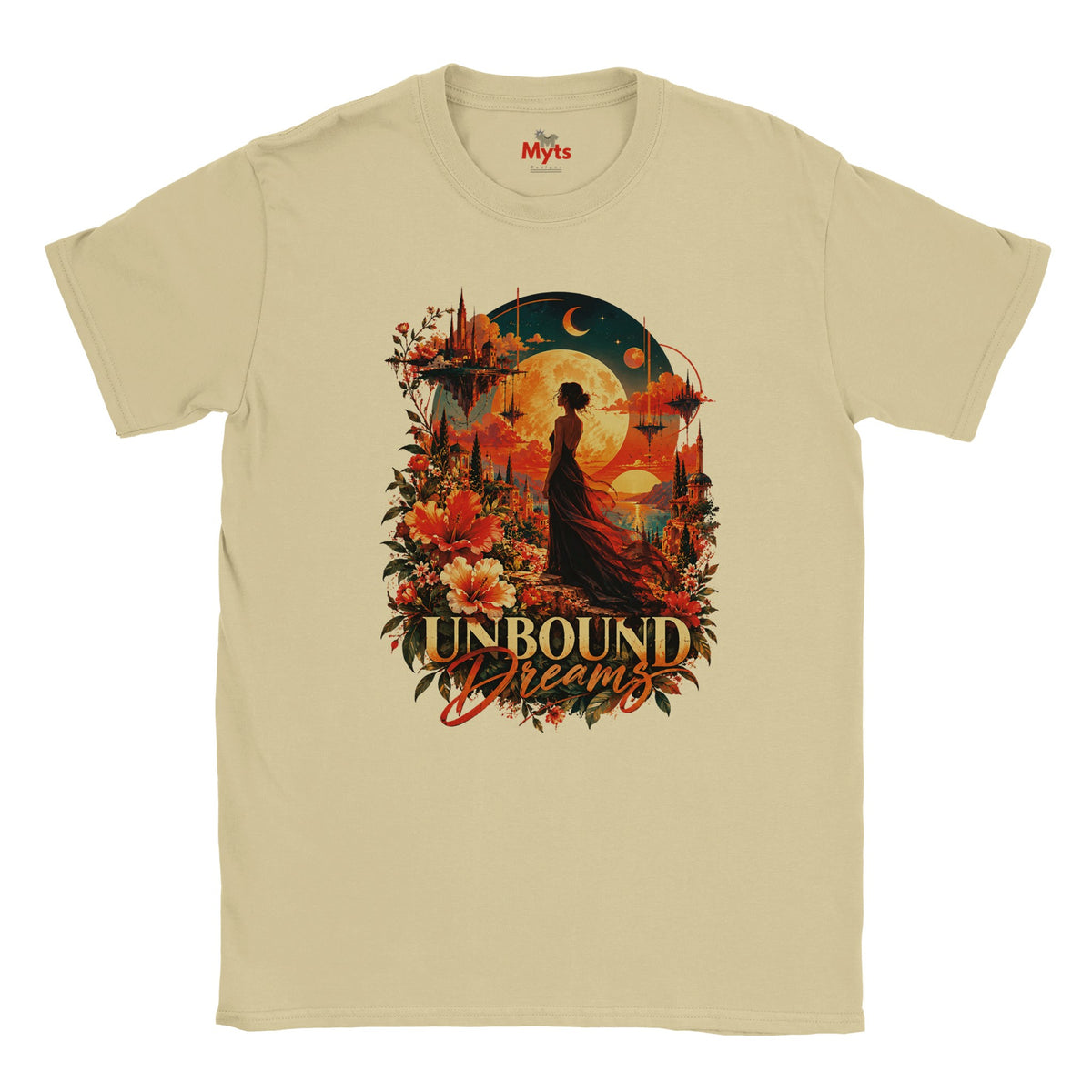 Sand-coloured T-shirt with Unbound Dreams celestial landscape, floating castles and vibrant floral graphic.