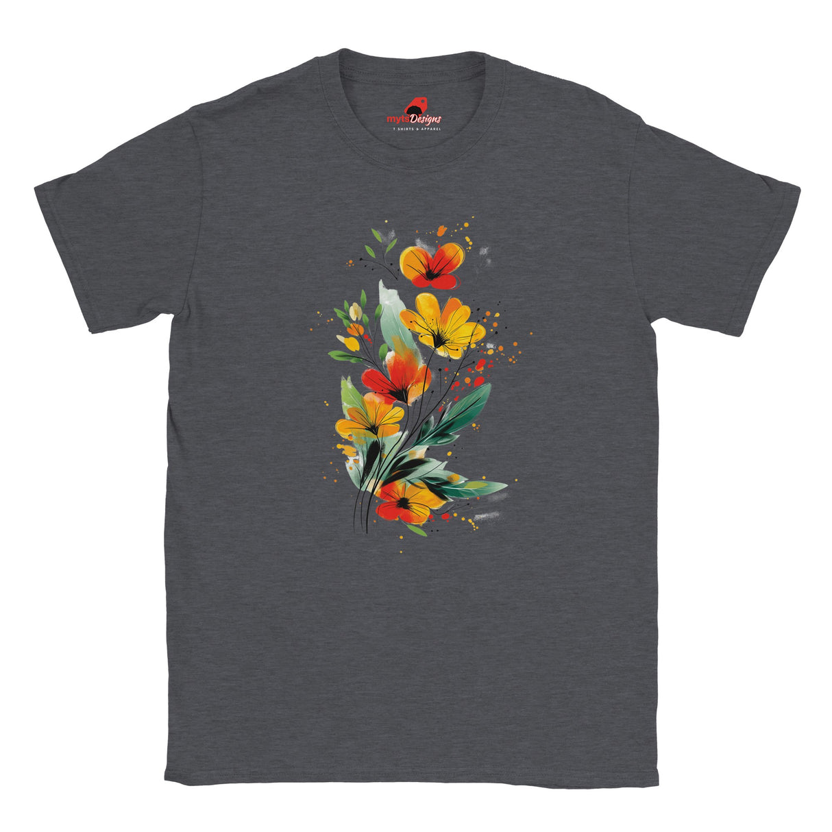 “Dark Heather T-shirt featuring a vibrant wildflower bouquet design in artistic watercolor style with red, yellow, and green tones, exclusive to MytsDesigns.com”