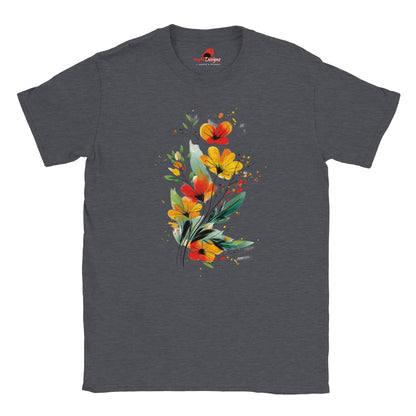 “Dark Heather T-shirt featuring a vibrant wildflower bouquet design in artistic watercolor style with red, yellow, and green tones, exclusive to MytsDesigns.com”