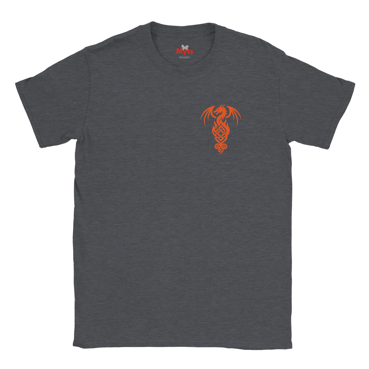 A dark heather gray crewneck t-shirt featuring a small orange dragon graphic printed on the left chest, displayed against a solid white background.