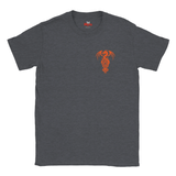 A dark heather gray crewneck t-shirt featuring a small orange dragon graphic printed on the left chest, displayed against a solid white background.