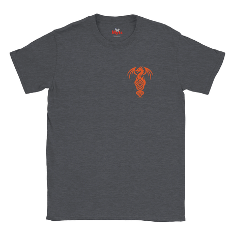 A dark heather gray crewneck t-shirt featuring a small orange dragon graphic printed on the left chest, displayed against a solid white background.