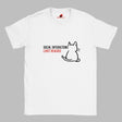 “White T-shirt laid flat with a minimal line art cat and text reading ‘Social Interactions Limit Reached’ in bold black and red font, humorous introvert design from MytsDesigns.com

