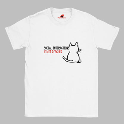 “White T-shirt laid flat with a minimal line art cat and text reading ‘Social Interactions Limit Reached’ in bold black and red font, humorous introvert design from MytsDesigns.com

