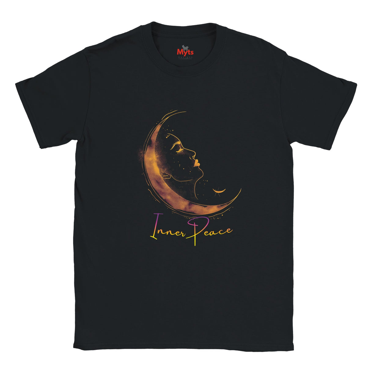 Black t-shirt with a crescent moon design and 'Inner Peace' text on a white background