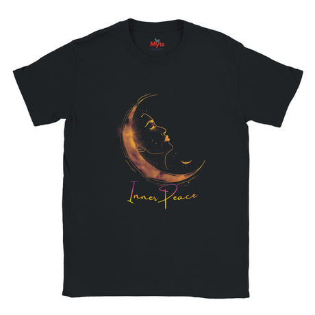 Black t-shirt with a crescent moon design and 'Inner Peace' text on a white background